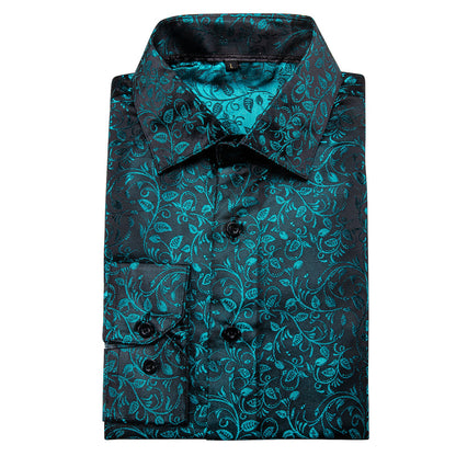 Black and Lake Blue Floral Silk Dress Shirt shirt    - Sophisticated Gentlemen