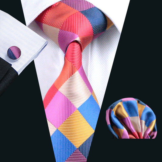 Red Blue Plaid Tie, Pocket Square and Cufflinks Set tie sets    - Sophisticated Gentlemen