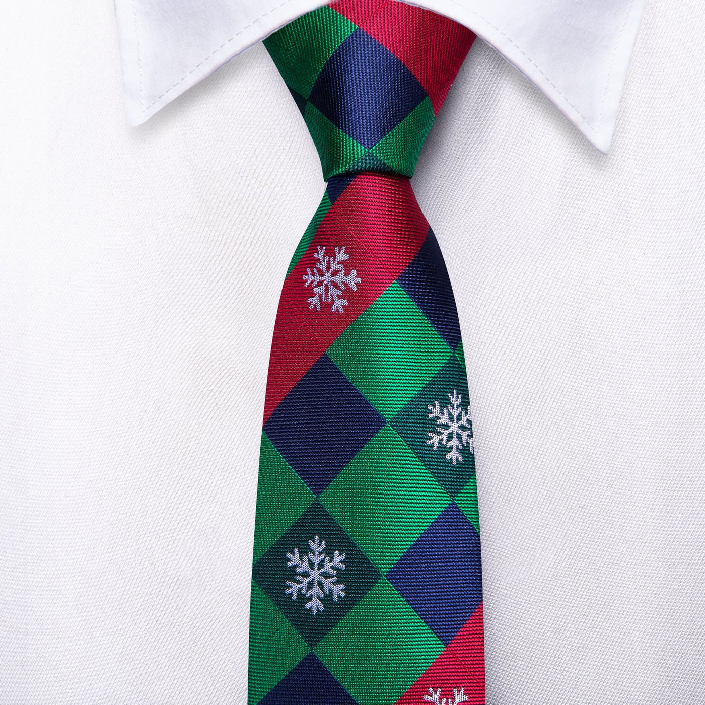 Green & Red Check Tie with Snowflake Motif, Pocket Square & Cufflinks Set
