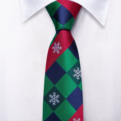 Green & Red Check Tie with Snowflake Motif, Pocket Square & Cufflinks Set