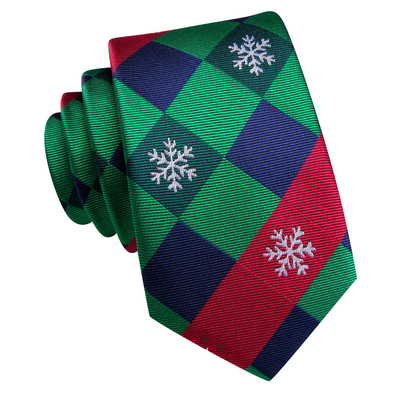 Green & Red Check Tie with Snowflake Motif, Pocket Square & Cufflinks Set
