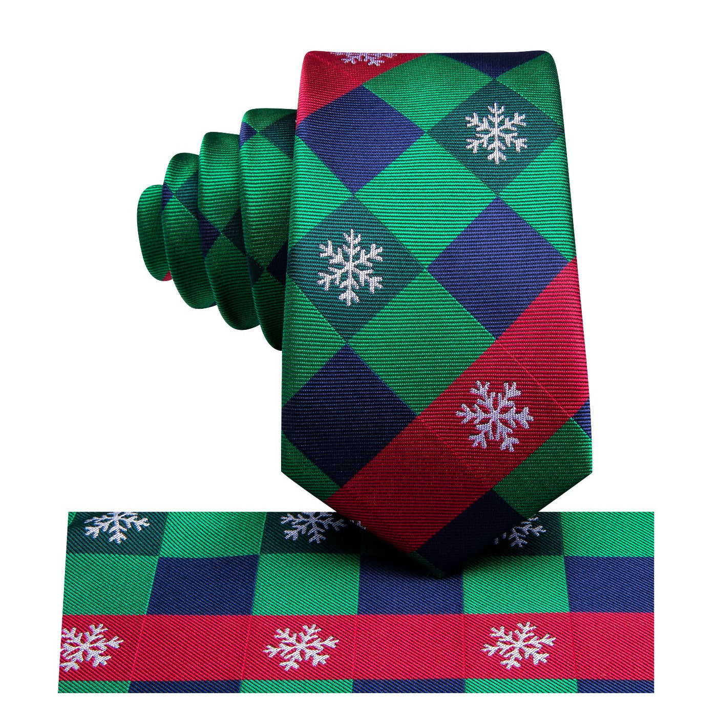 Green & Red Check Tie with Snowflake Motif, Pocket Square & Cufflinks Set