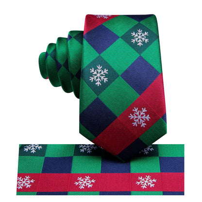 Green & Red Check Tie with Snowflake Motif, Pocket Square & Cufflinks Set