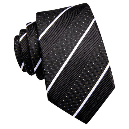 Black & White Diagonal Stripe & Dot Silk Tie, Pocket Square & Cufflinks Set tie set - Sophisticated Gentlemen