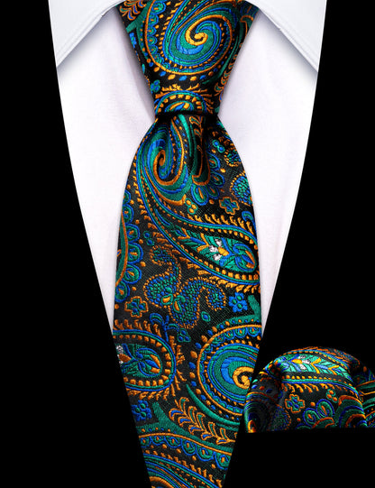 Teal Blue Orange Paisley Silk Kids Tie, Pocket Square and Cufflinks Set tie sets    - Sophisticated Gentlemen