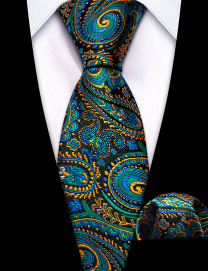 Teal Blue Orange Paisley Silk Kids Tie, Pocket Square and Cufflinks Set tie sets    - Sophisticated Gentlemen