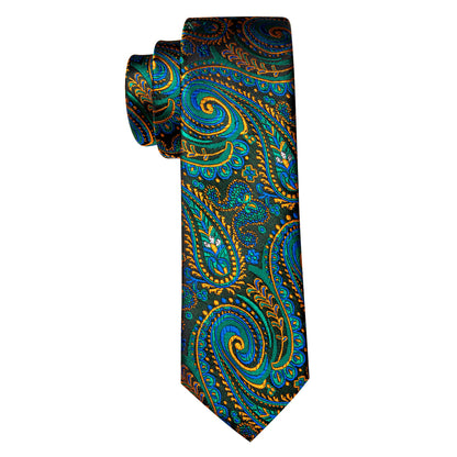 Teal Blue Orange Paisley Silk Kids Tie, Pocket Square and Cufflinks Set tie sets    - Sophisticated Gentlemen