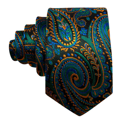 Teal Blue Orange Paisley Silk Kids Tie, Pocket Square and Cufflinks Set tie sets    - Sophisticated Gentlemen
