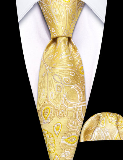 Gold White Paisley Tie, Pocket Square and Cufflinks Set tie sets    - Sophisticated Gentlemen