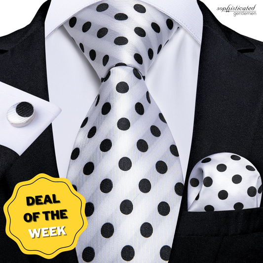 Black & White Polka Dot Tie, Pocket Square and Cufflinks tie sets - Sophisticated Gentlemen