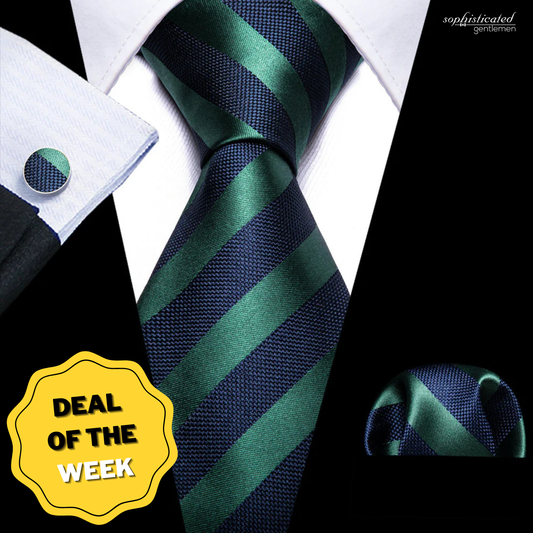 Navy Blue Green Striped Tie, Pocket Square and Cufflinks Set tie sets - Sophisticated Gentlemen