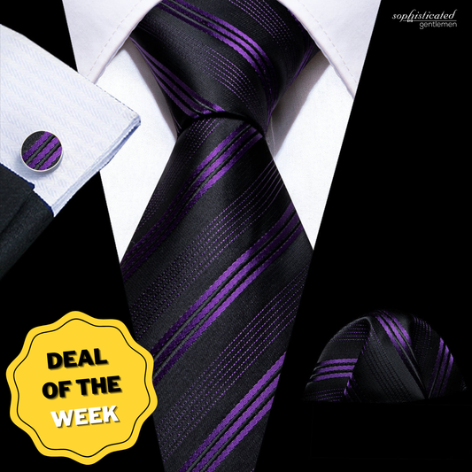 Black & Purple Striped Tie, Pocket Square & Cufflinks Set tie sets - Sophisticated Gentlemen