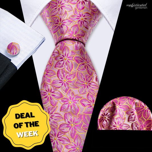 Pink Peach Blossom Jacquard Silk Tie, Pocket Square and Cufflinks Set