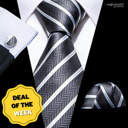 Gray & White Striped Silk Tie, Pocket Square and Cufflinks Set tie sets - Sophisticated Gentlemen