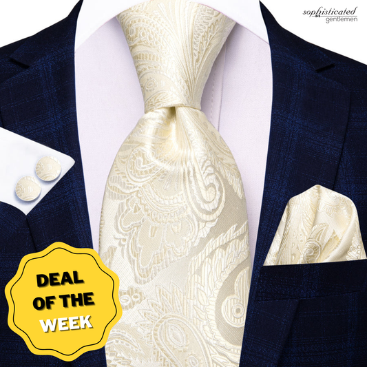 Linen White Paisley XL Tie, Pocket Square and Cufflinks tie sets - Sophisticated Gentlemen