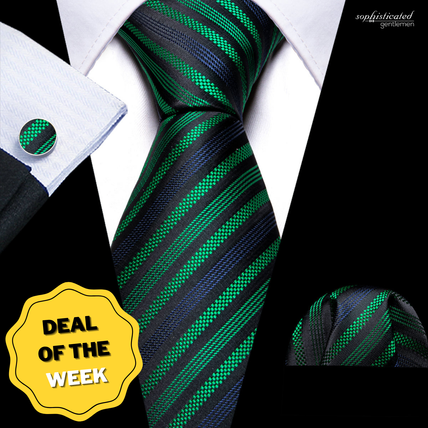 Black Green Blue Jacquard Striped Silk Tie Set with Pocket Square and Cufflinks tie sets - Sophisticated Gentlemen