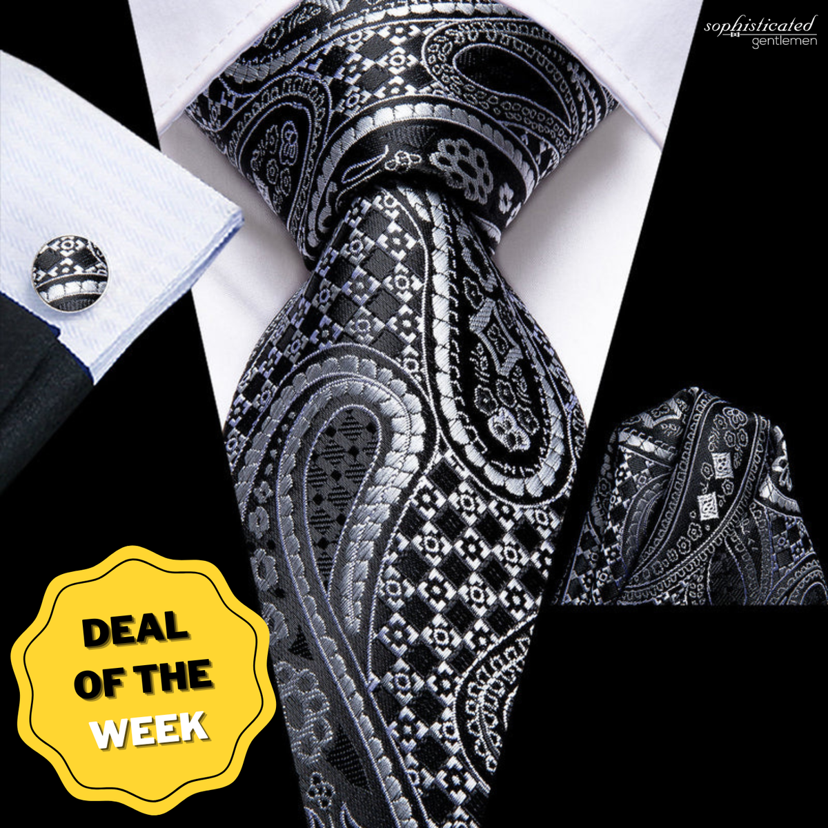 Black & Silver Paisley Silk Tie Set with Pocket Square and Cufflinks