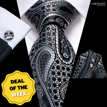 Black & Silver Paisley Silk Tie Set with Pocket Square and Cufflinks