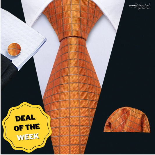 Orange Plaid Silk Tie, Pocket Square and Cufflinks Set