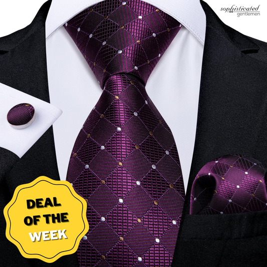 Purple Plaid Polka Dot Silk Tie, Pocket Square and Cufflinks