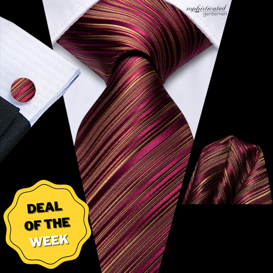 Burgundy and Gold Striped Silk Tie, Pocket Square and Cufflinks