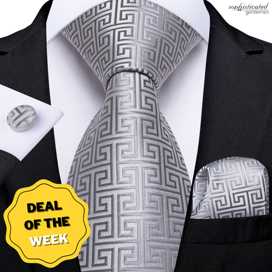 Tie, Pocket Square and Cufflinks In Silver