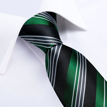 Emerald Green & Black Striped Silk Tie Set with Pocket Square and Cufflinks tie sets - Sophisticated Gentlemen