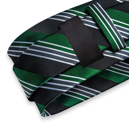 Emerald Green & Black Striped Silk Tie Set with Pocket Square and Cufflinks tie sets - Sophisticated Gentlemen