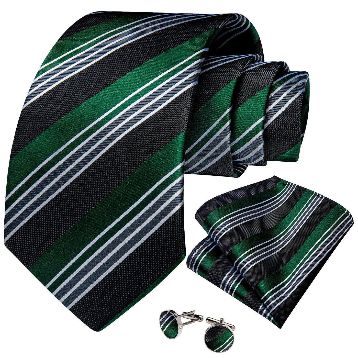 Emerald Green & Black Striped Silk Tie Set with Pocket Square and Cufflinks tie sets - Sophisticated Gentlemen