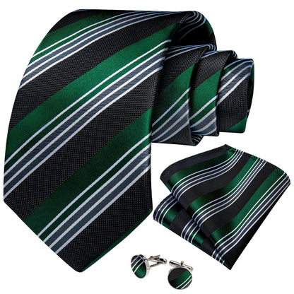 Emerald Green & Black Striped Silk Tie Set with Pocket Square and Cufflinks tie sets - Sophisticated Gentlemen
