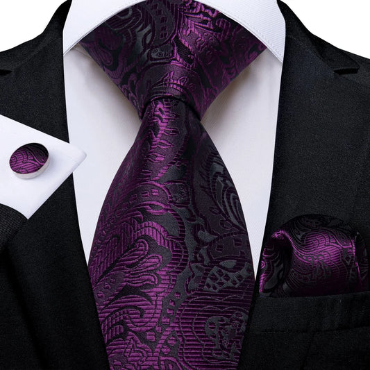 Purple and black paisley silk tie set styled with matching pocket square and cufflink