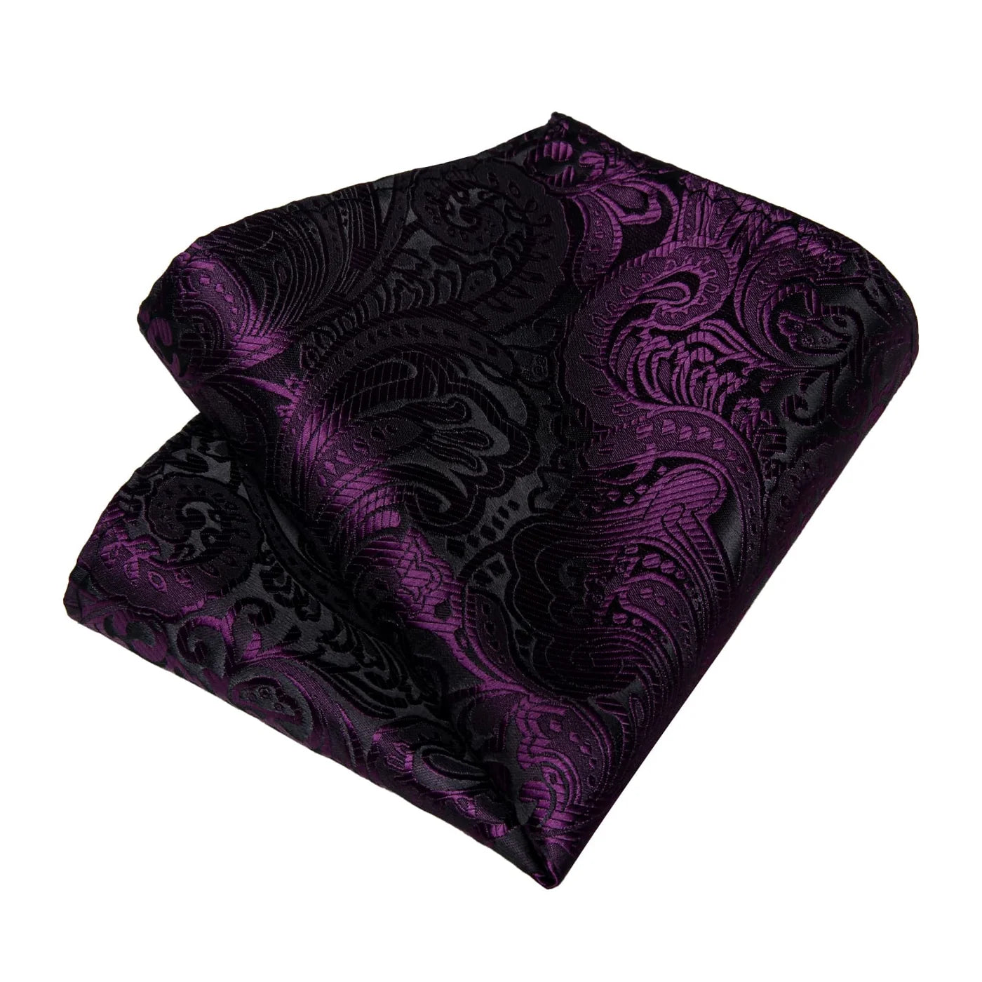 Purple and black paisley pocket square with matching silk texture