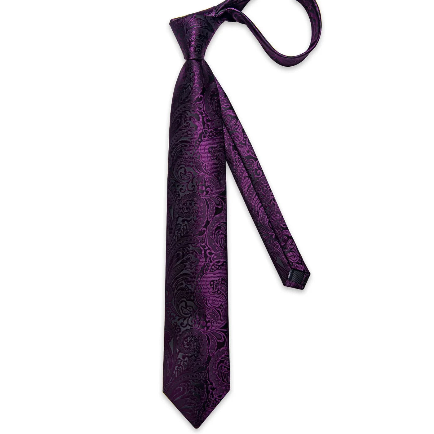 Full-length purple and black paisley silk tie with elegant woven pattern