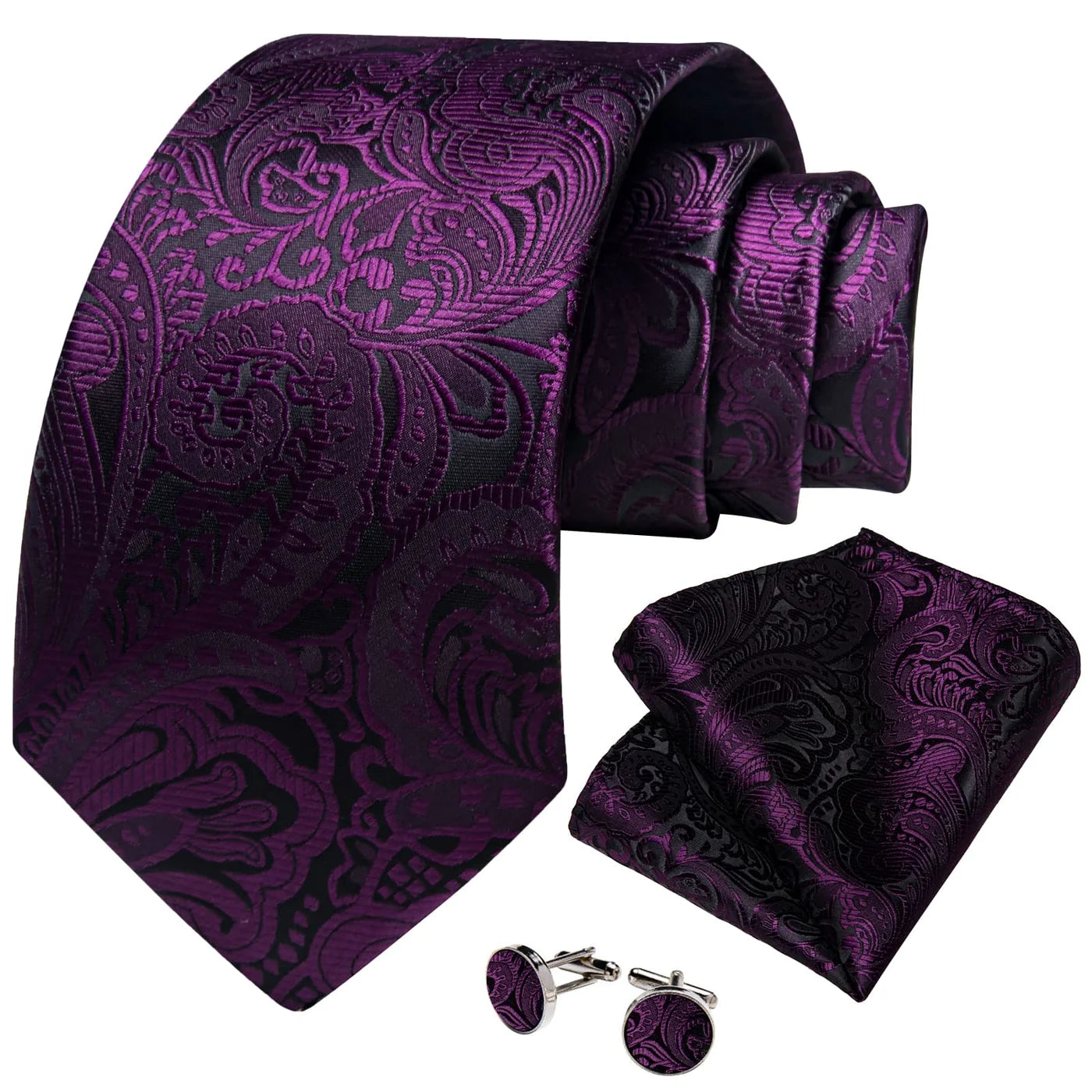 Purple and black paisley silk tie with matching pocket square and cufflinks