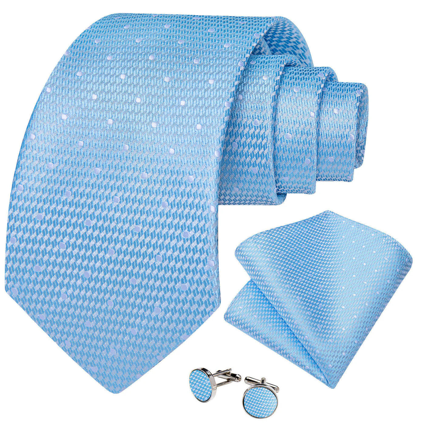 Light Blue Polka Dot Silk Tie Set with Pocket Square and Cufflinks tie sets - Sophisticated Gentlemen