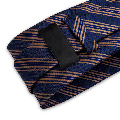 navy blue gold striped silk tie back detail and stitching