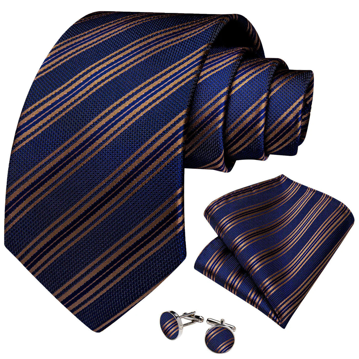 navy blue gold striped silk tie set with pocket square and cufflinks