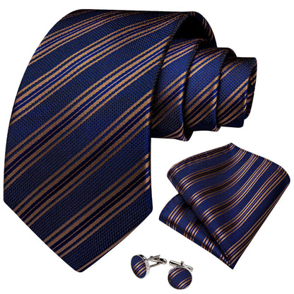 navy blue gold striped silk tie set with pocket square and cufflinks