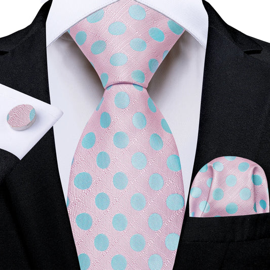 Pink and aqua polka dot silk tie styled with matching pocket square and cufflink