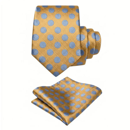Gold and light blue polka dot tie with matching pocket square set