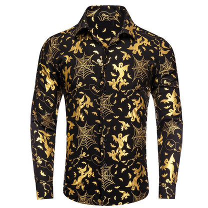 Black & Gold Silk Shirt with Halloween Cobweb, Skull, and Ghost Pattern shirt S   - Sophisticated Gentlemen