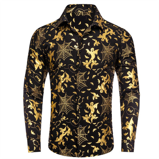 Black & Gold Silk Shirt with Halloween Cobweb, Skull, and Ghost Pattern shirt S   - Sophisticated Gentlemen
