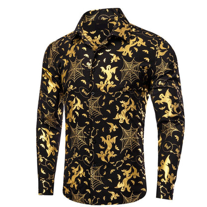 Black & Gold Silk Shirt with Halloween Cobweb, Skull, and Ghost Pattern shirt    - Sophisticated Gentlemen