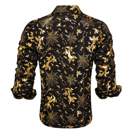 Black & Gold Silk Shirt with Halloween Cobweb, Skull, and Ghost Pattern shirt    - Sophisticated Gentlemen