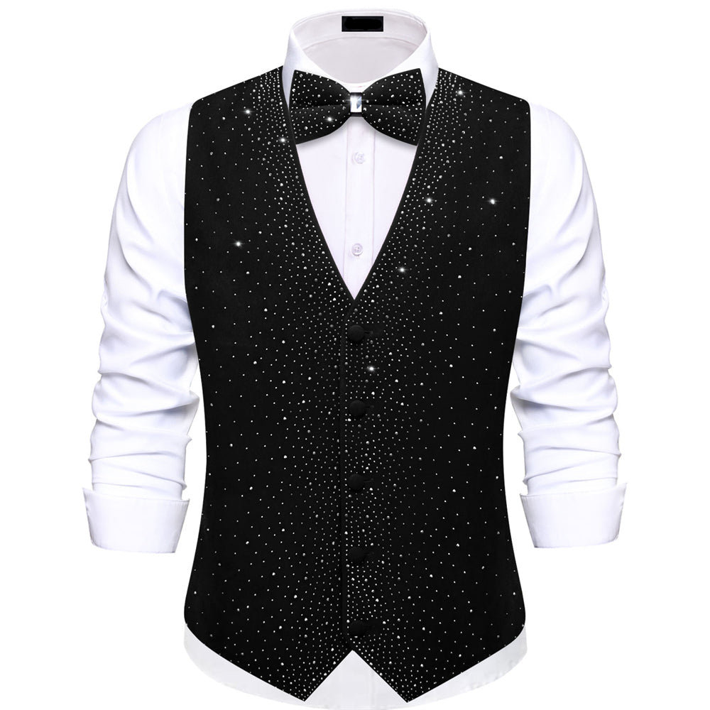 Black Sparkling Rhinestone Vest & Bow Tie Set vest set S (Chest 40") - Sophisticated Gentlemen