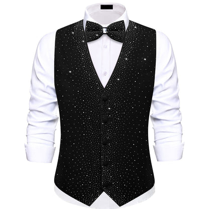 Black Sparkling Rhinestone Vest & Bow Tie Set vest set S (Chest 40") - Sophisticated Gentlemen