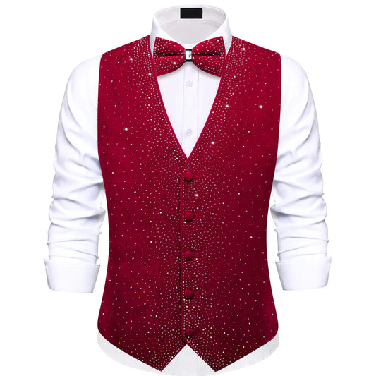 Red Sparkling Rhinestone Vest & Bow Tie Set vest set S (Chest 40") - Sophisticated Gentlemen