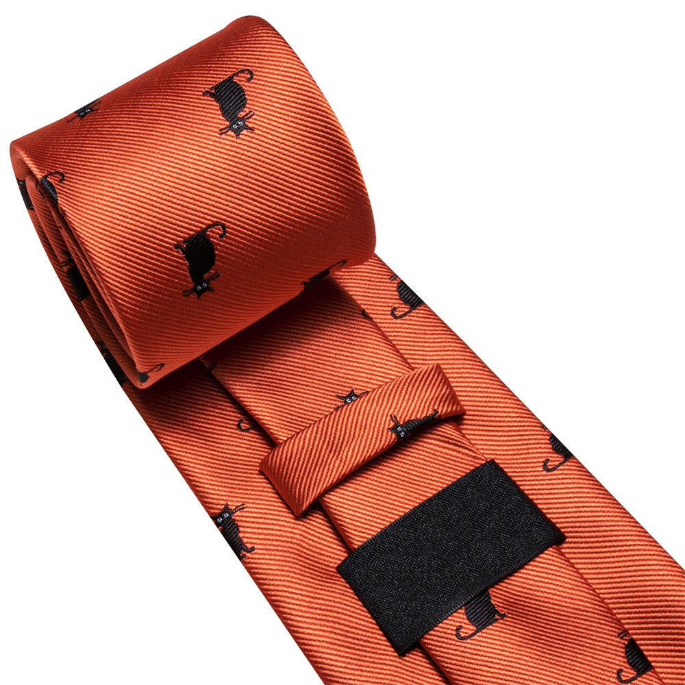 Orange & Black Cat Necktie Set with Pocket Square and Cufflinks tie sets    - Sophisticated Gentlemen