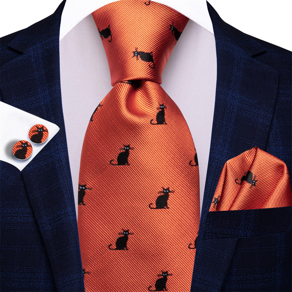 Orange & Black Cat Necktie Set with Pocket Square and Cufflinks tie sets    - Sophisticated Gentlemen