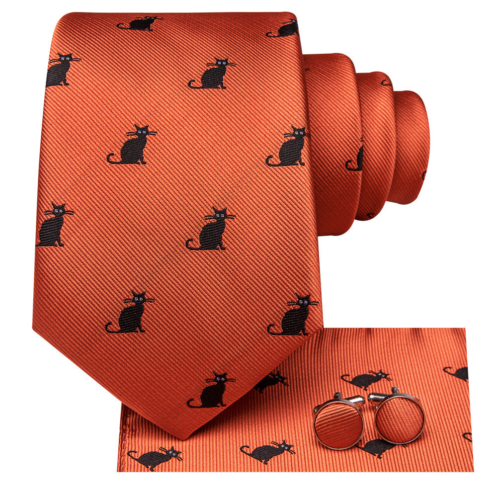 Orange & Black Cat Necktie Set with Pocket Square and Cufflinks tie sets    - Sophisticated Gentlemen